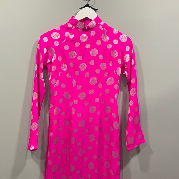 Vietnamese Ao Dai Fuchsia Women's High Collar Long Maxi Dress Size Small - Picture 2 of 11